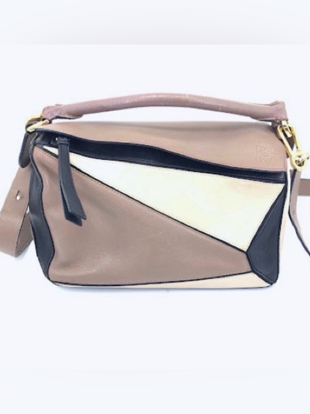 Loewe Geometric Puzzle Top-Handle Satchel in Taupe, Cream & Black